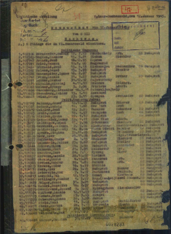 Auflistung der Politischen Abteilung im KZ Buchenwald über Neuzugänge vom 12.1.1945 von „SIII“ (Tarnname für das KZ Ohrdruf). Quelle: Arolsen Archives