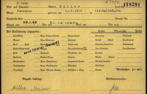 Sogenannte „Effektenkarte“ aus dem KZ Buchenwald mit Mendel/Mano Müllers Unterschrift.