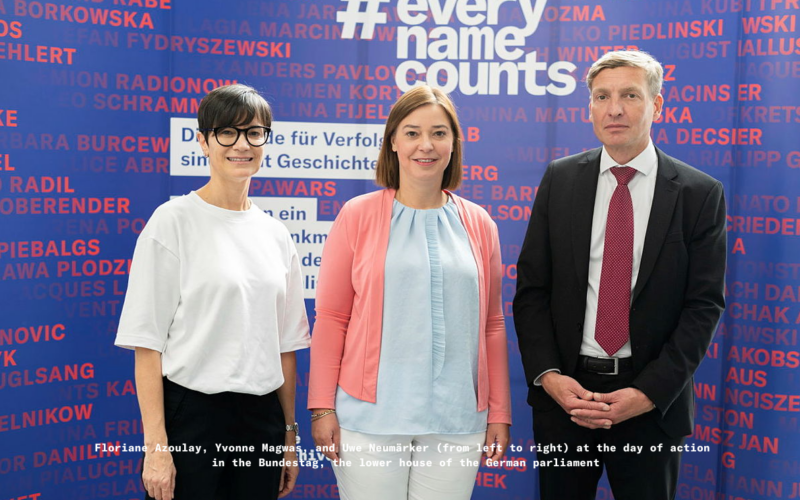 Floriane Azoulay, Yvonne Magwas, and Uwe Neumärker (from left to right) at the day of action in the Bundestag, the lower house of the German parliament