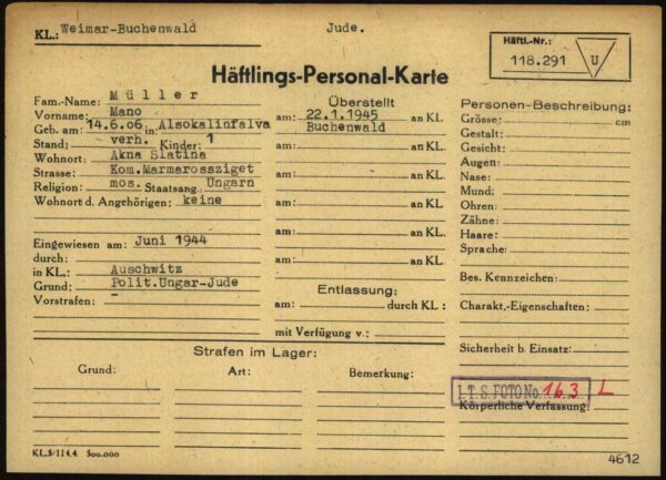 Häftlingspersonalkarte aus dem KZ Buchenwald von Mendel/Mano Müller